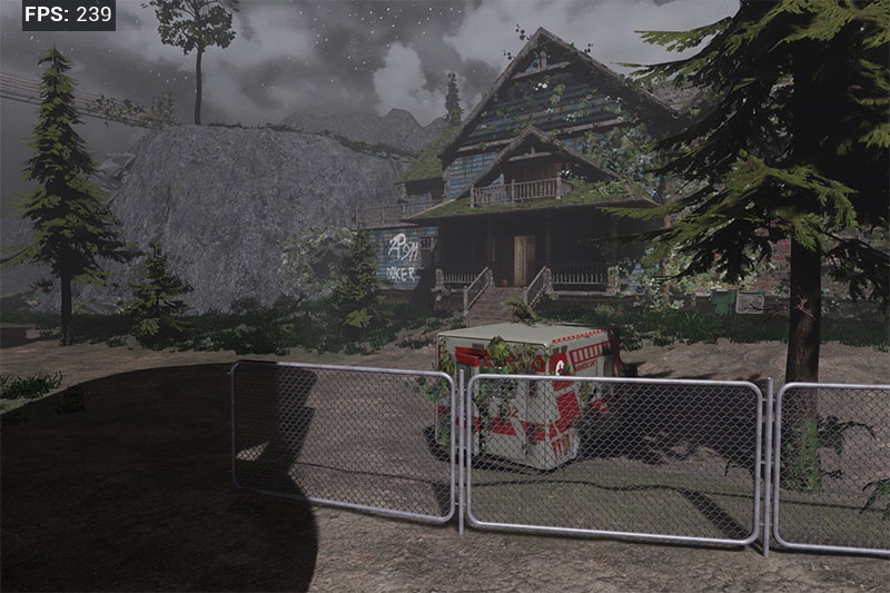 A wide shot of a house and landscape. FPS counter is visible and displaying 239 FPS.