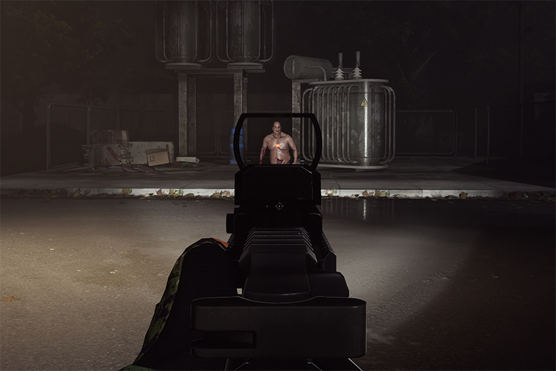A zombie being targeted with a rifle.